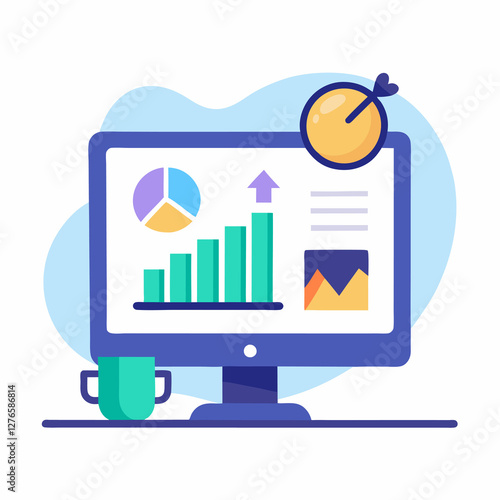 Illustration of a computer screen displaying charts with a cup and target on a white background. Business themed Graphic resource.