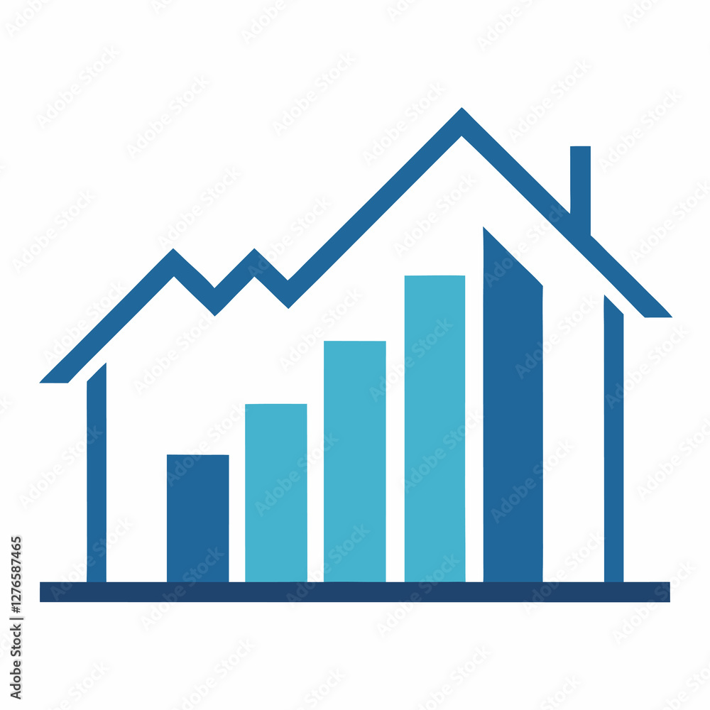 Illustration of a house outline with an ascending bar graph overlayed in shades of blue color scheme. Business themed Graphic resource. Illustration of a house outline with an ascending bar graph overlayed in shades of blue color scheme. Business themed Graphic resource.