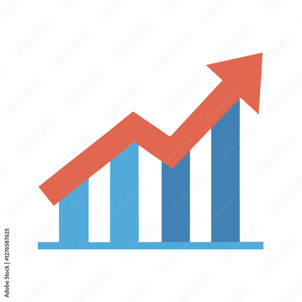 A graphic showing an upward trending arrow over three vertical bars on a white background plain design. Business themed Graphic resource. A graphic showing an upward trending arrow over three vertical bars on a white background plain design. Business themed Graphic resource.