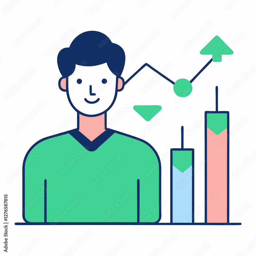 Illustration of a person with a graph showing upward trends and bar charts in various colors. Business themed Graphic resource.
