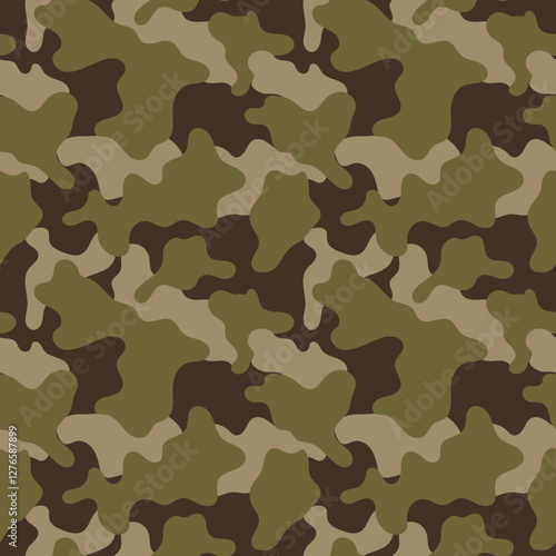 seamless camouflage pattern features an abstract design with green, brown, and khaki colors, ideal for military, hunting, and outdoor gear applications