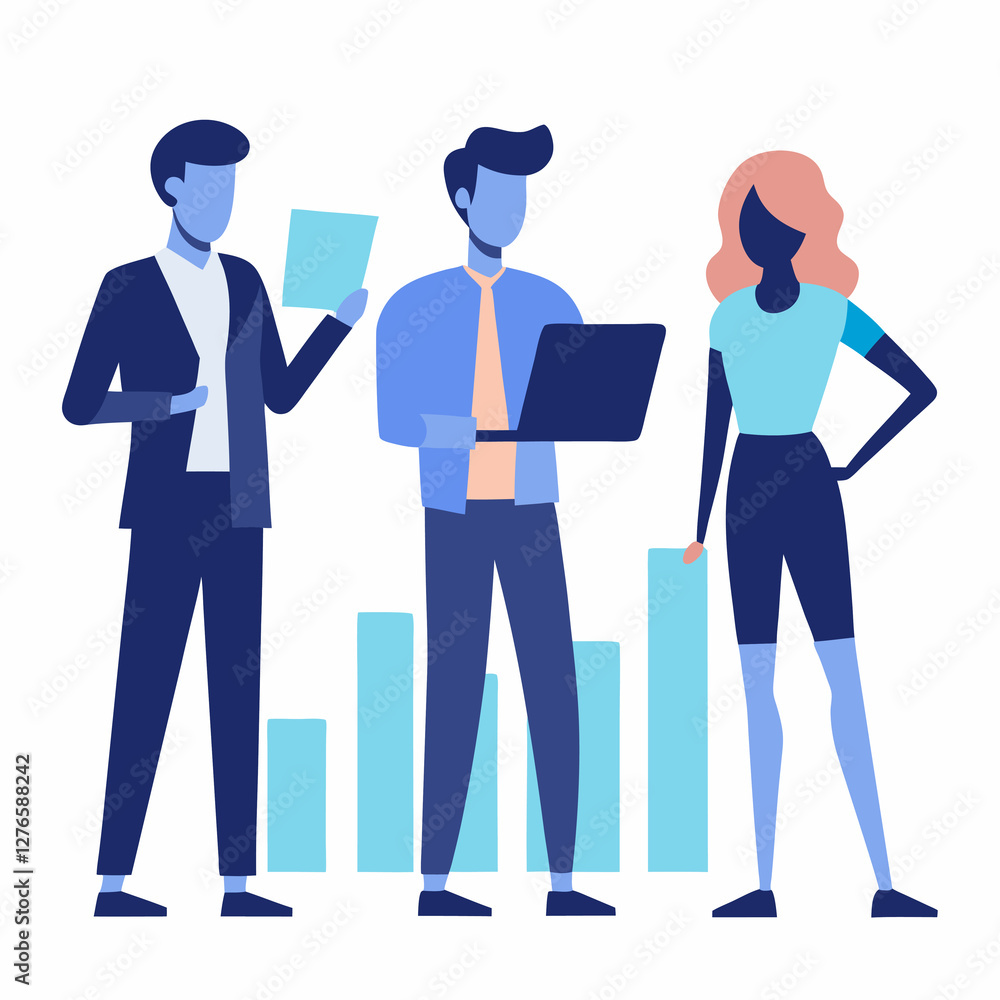 Business professionals analyzing reports in flat vector style design image Business professionals analyzing reports in flat vector style design image