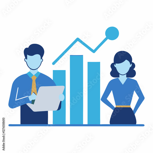 Business team reviewing financial growth in flat vector style chart