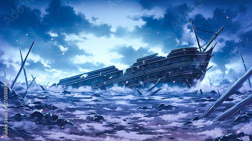 Shipwreck scene in the ocean featuring a ghostly ship in a breathtaking anime style with dramatic waves and a cloudy sky photo