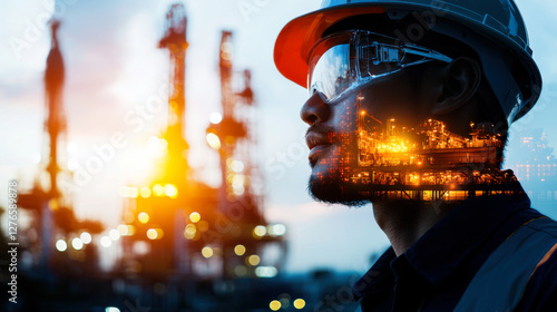 double exposure image of oil rig worker with industrial background, showcasing dedication and hard work
