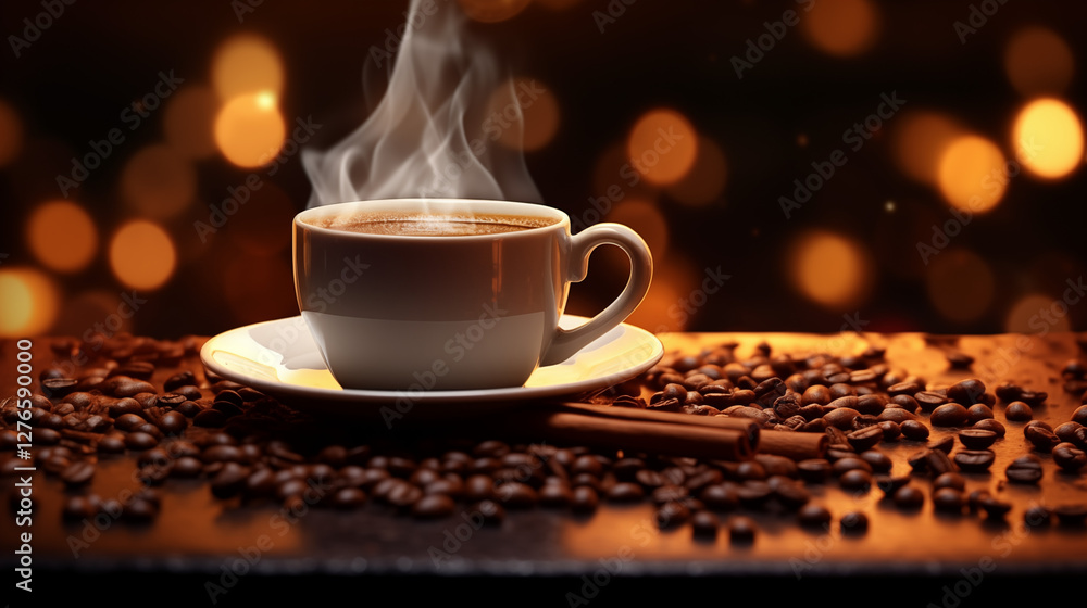 Fototapeta premium Tasse de café ou cappuccino. Boisson chaude, ambiance chaleureuse et relaxante. Arrière-plan pour conception et création graphique.
