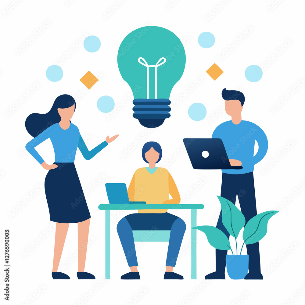 Creative professionals brainstorming new design in flat vector style art Creative professionals brainstorming new design in flat vector style art