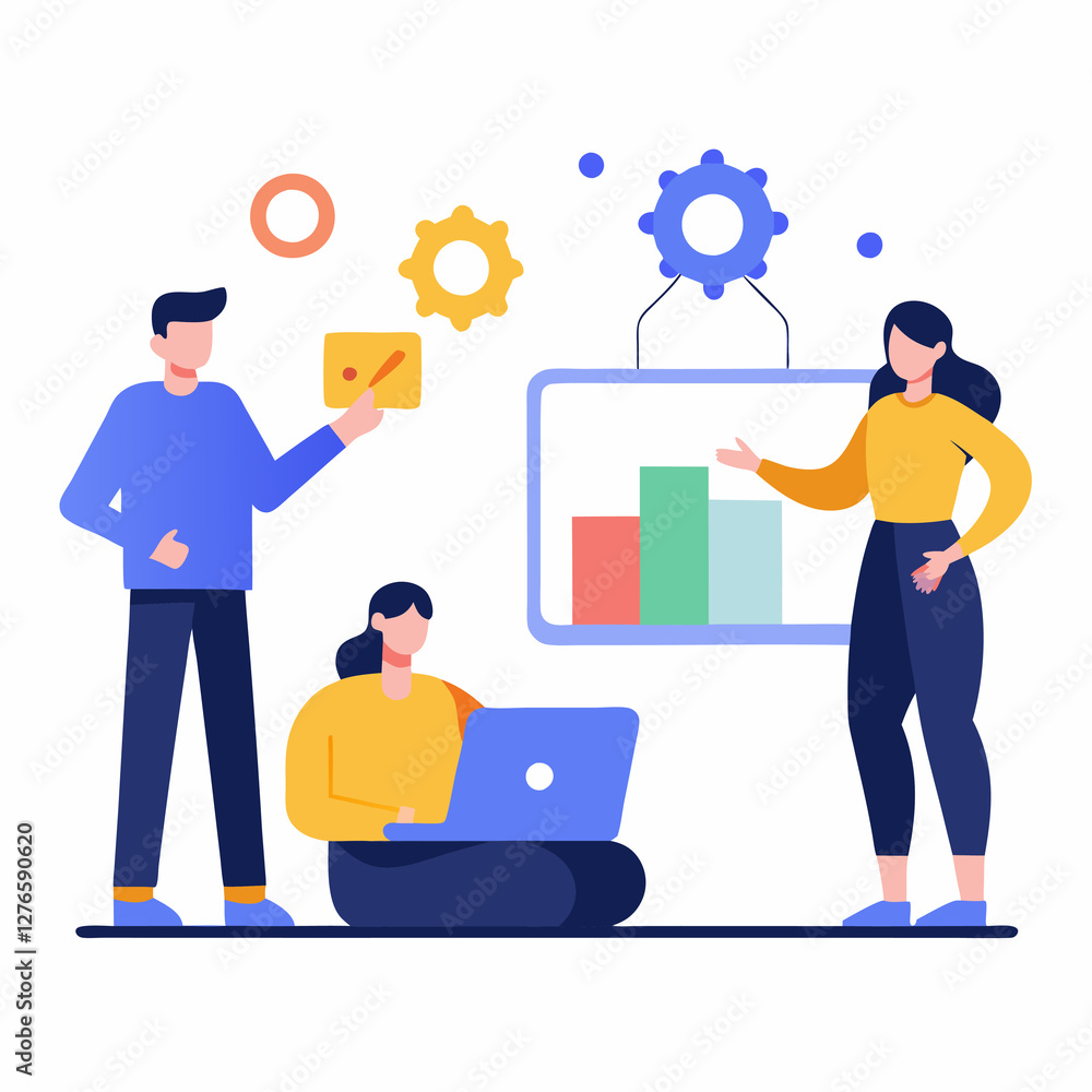 Employees working on digital marketing plan in flat vector style design Employees working on digital marketing plan in flat vector style design
