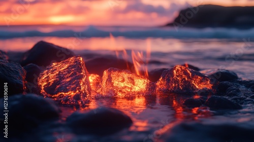 Fiery Sunset Embrace: Lava Rocks Glowing at the Ocean's Edge