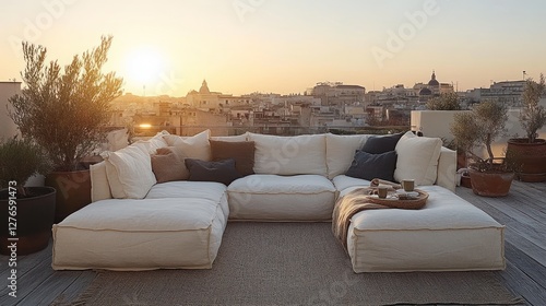 Rooftop sectional sofa sunset city view photo