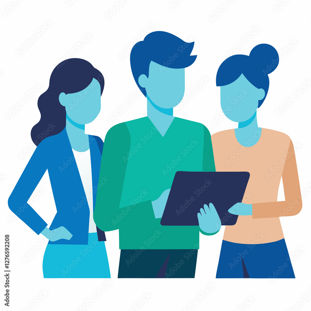 Fototapeta premium Office workers collaborating on tablet in flat vector style design