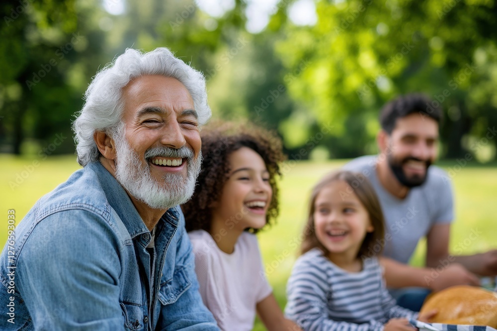 Happy grandfather with family enjoying picnic outdoors in sunny park, creating lasting memories Happy grandfather with family enjoying picnic outdoors in sunny park, creating lasting memories