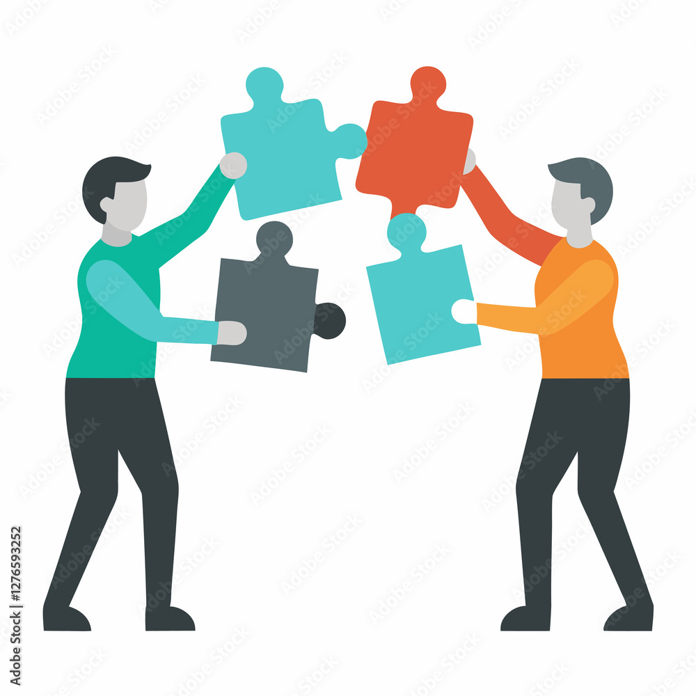 Obraz premium Teammates helping each other solve problem in flat vector style