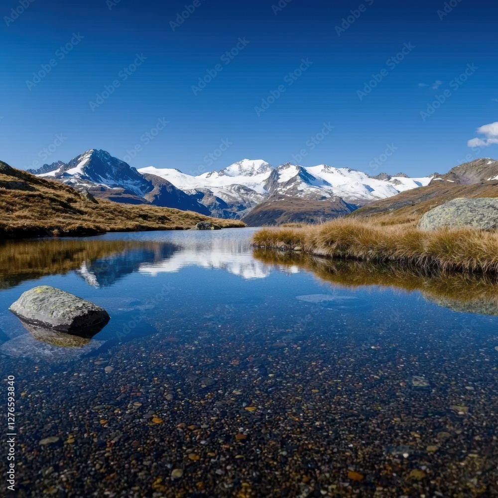 Fototapeta premium Crystal-clear alpine lake reflecting snow-capped mountains, serene and untouched nature, high-resolution detail
