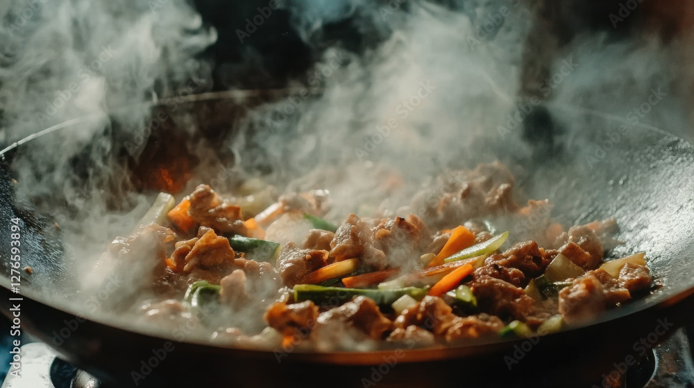 Sizzling Stir Fry with Colorful Vegetables and Tender Chicken in a Wok Surrounded by Steam in a Warm and Inviting Kitchen Setting Sizzling Stir Fry with Colorful Vegetables and Tender Chicken in a Wok Surrounded by Steam in a Warm and Inviting Kitchen Setting