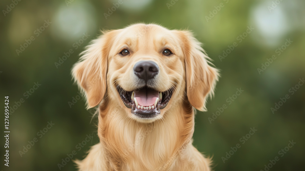 A close-up of a joyful golden retriever with its mouth open in a happy expression, soft fur illuminated by natural light, blurred green park background A close-up of a joyful golden retriever with its mouth open in a happy expression, soft fur illuminated by natural light, blurred green park background
