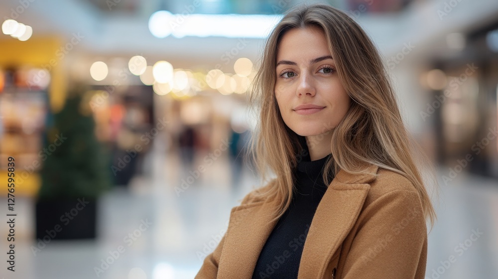 Obraz premium Confident Young Woman Posing in a Modern Shopping Mall with a Warm Smile