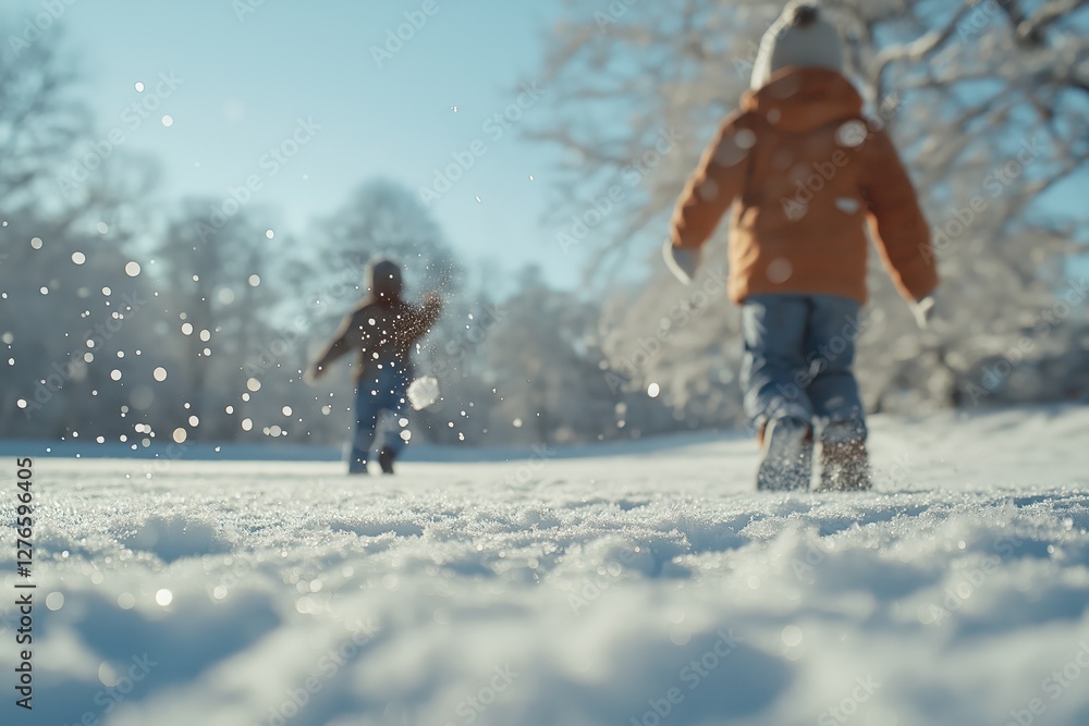 Child joyfully plays in a snowy field under bright winter sunlight Child joyfully plays in a snowy field under bright winter sunlight