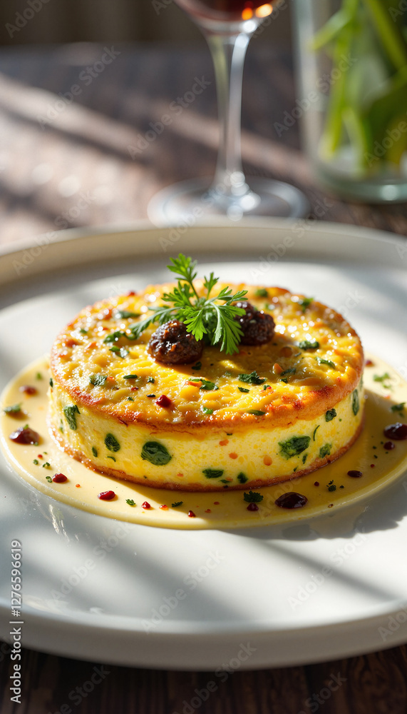 Fototapeta premium Elegant frittata with truffles and asparagus in evening light, culinary art