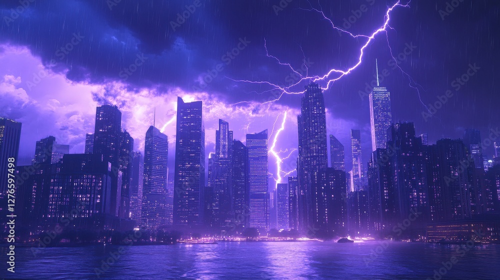 Fototapeta premium Purple-hued storm lighting illuminating the city skyline, with streaks of lightning cutting through the dark sky, adding a dynamic and intense effect.