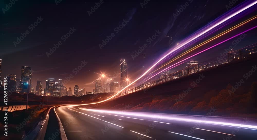Light trails are speeding across a highway at night with glowing dots on the side creating a futuristic feel of fast internet connection 4K Light trails are speeding across a highway at night with glowing dots on the side creating a futuristic feel of fast internet connection 4K
