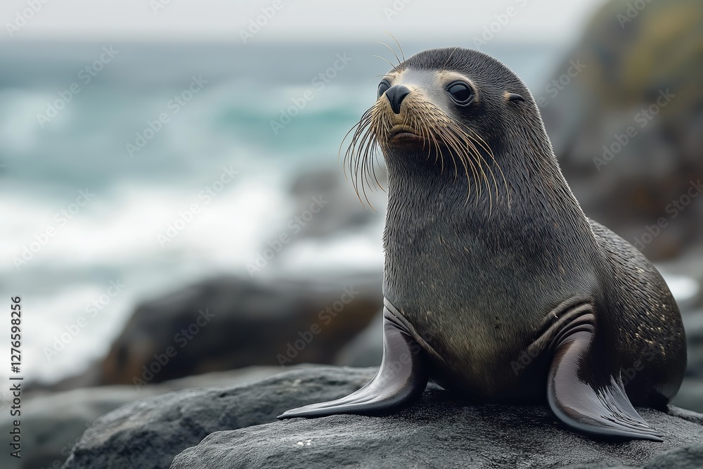 Obraz premium Fur seal resting on rocky shore with ocean waves in the background