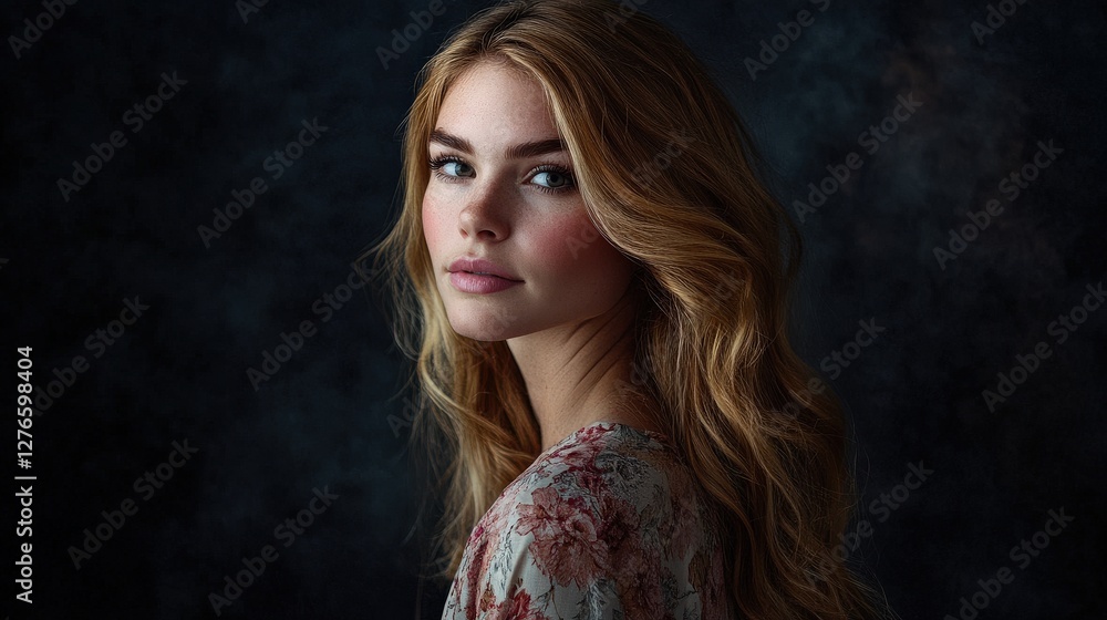 Naklejka premium Captivating Portrait of a Young Woman with Flowing Hair Against a Dark Background