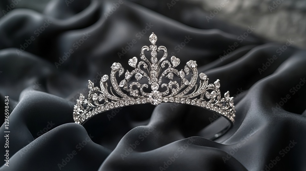 Fototapeta premium Elegant silver tiara with diamonds placed on dark cloth against a grey background Space for text
