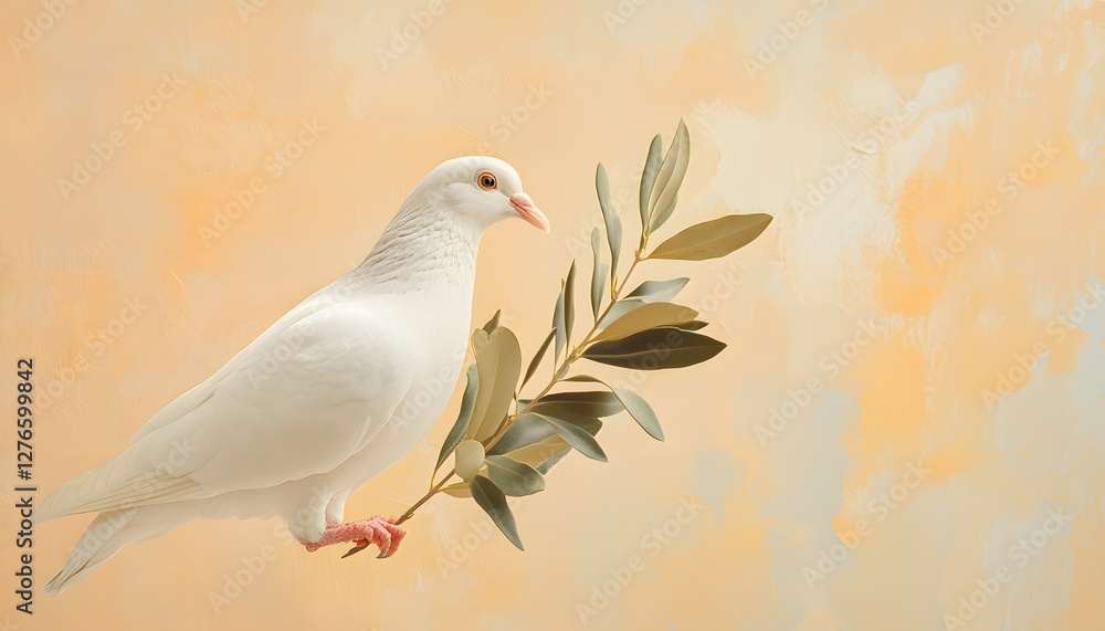 Fototapeta premium White dove rests gently on an olive branch softly lit