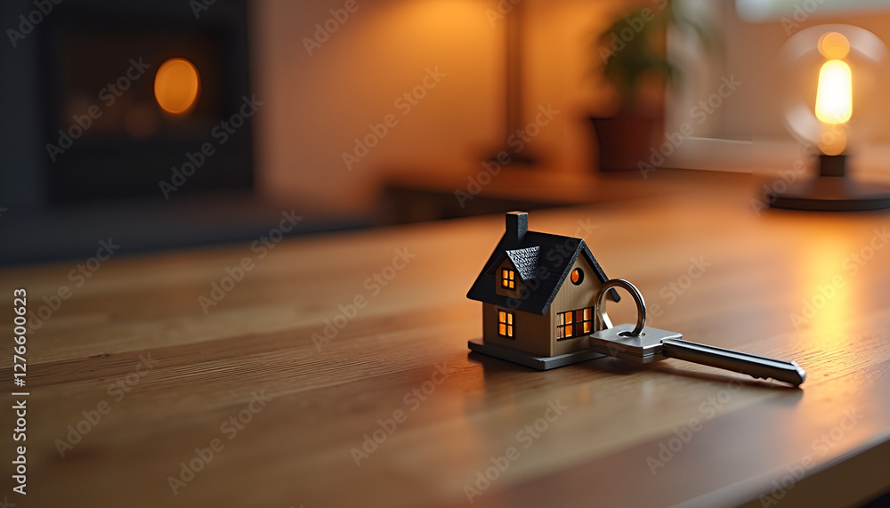 Obraz premium Miniature house model with key on wooden table, House keys, Real Estate 