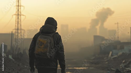 Wallpaper Mural Solitary Figure in a Dystopian Landscape with Industrial Smoke and Urban Decay at Sunrise, Conveying Isolation and Environmental Concerns Torontodigital.ca