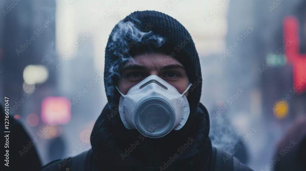 Young man wearing a protective mask stands in a foggy urban environment, surrounded by blurred figures, capturing the essence of modern health concerns in the city. Young man wearing a protective mask stands in a foggy urban environment, surrounded by blurred figures, capturing the essence of modern health concerns in the city.