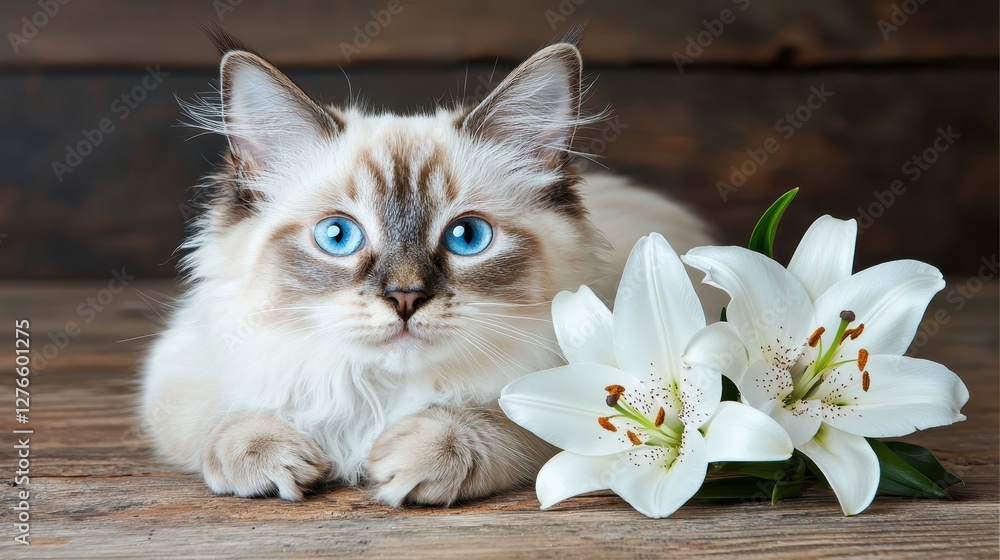 Obraz premium Adorable Blue-Eyed Cat Relaxing Beside Elegant White Lilies