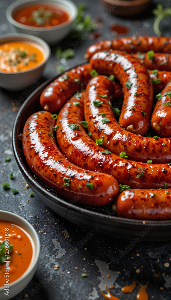 Gourmet kielbasa arranged elegantly on a dark background, culinary art Gourmet kielbasa arranged elegantly on a dark background, culinary art