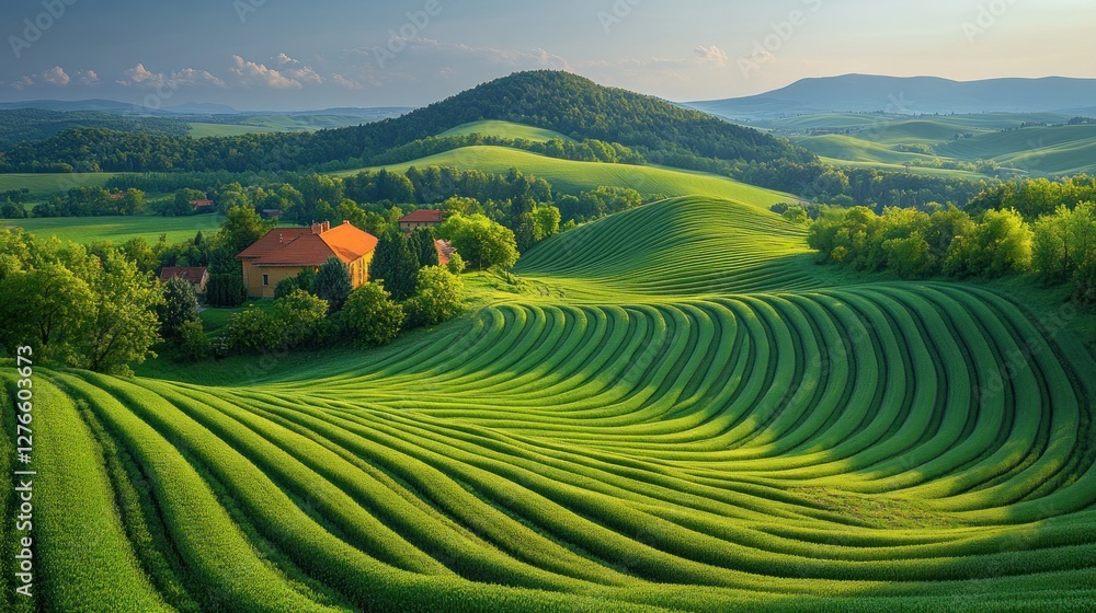 Serene rolling hills, terraced fields, village, sunrise Serene rolling hills, terraced fields, village, sunrise