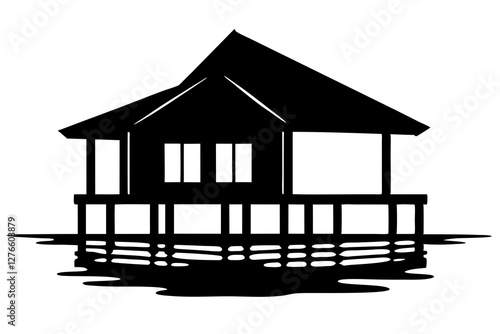 A bungalow standing on the water Silhouette on white background