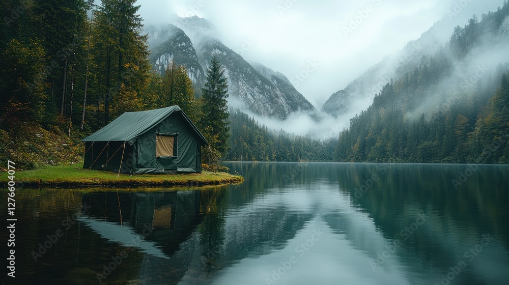 Fototapeta premium Lakeside camping tent, misty mountains, autumn