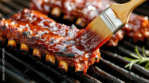 Juicy Barbecue Ribs Glazed with Sweet Sauce on a Grill, Close-Up of Tender Meat Being Brushed with Flavorful BBQ Sauce for Mouthwatering Summer Cooking