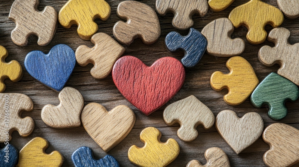 Obraz premium Wooden Puzzle Heart: A Symbol of Unity and Connection