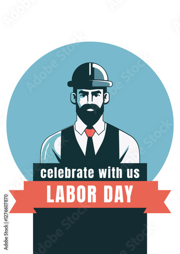 Celebrate Labor Day with Us: Worker in Hard Hat and Uniform – Vector Illustration