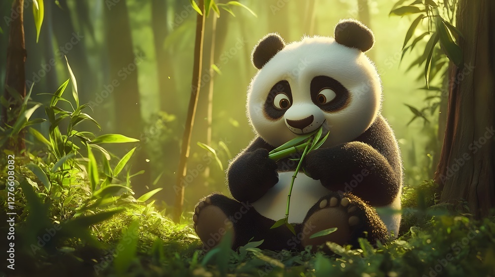 Cute anime panda eating bamboo peaceful forest gentle Cute anime panda eating bamboo peaceful forest gentle