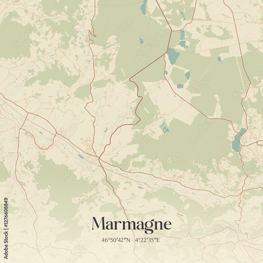 Fototapeta premium Vintage map of Marmagne, France.