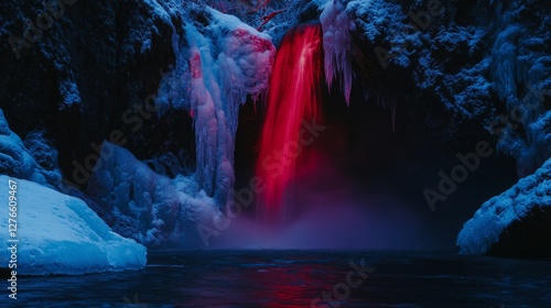 Wallpaper Mural Dark red waterfall flows over icy cliffs, sunlight piercing mist, a mysterious natural wonder. Torontodigital.ca