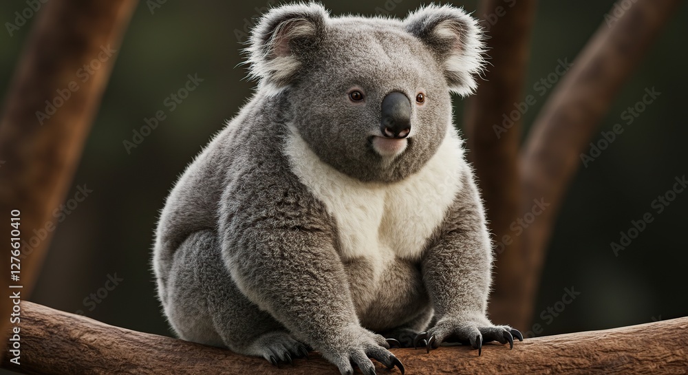 Naklejka premium Cute Koala Sitting on Branch in Natural Habitat Environment Portrait