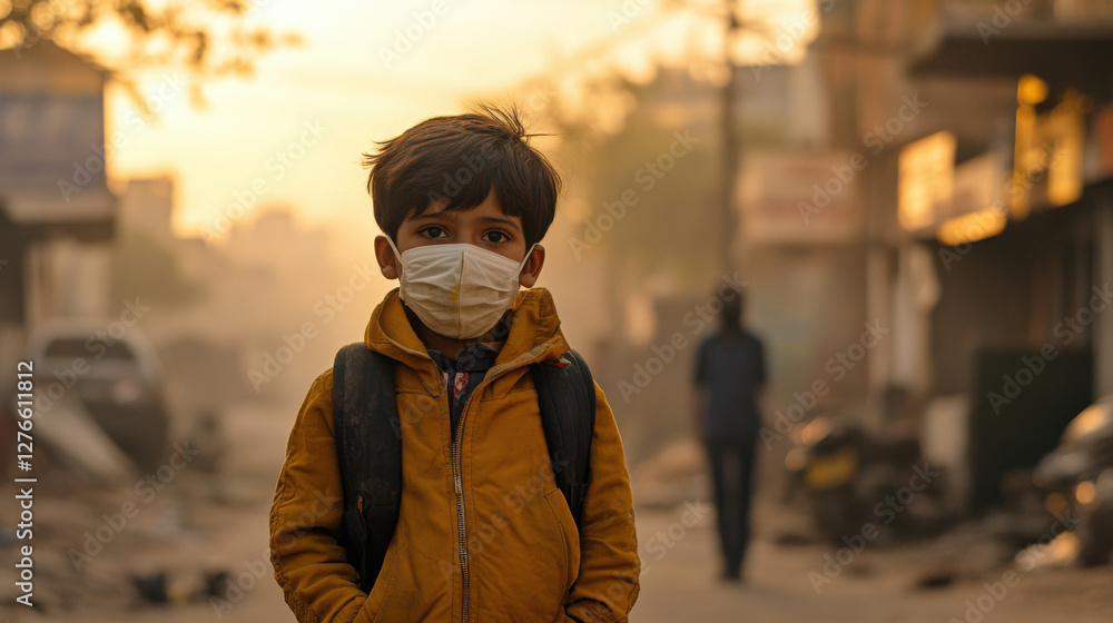 Young boy wearing a mask in a deserted street during golden hour, reflecting the impact of health crises on children in urban environments Young boy wearing a mask in a deserted street during golden hour, reflecting the impact of health crises on children in urban environments