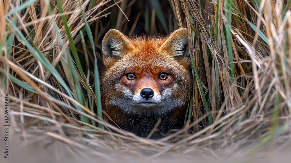 Obraz premium Alert Fox Peering Through Tall Grass in a Natural Habitat Setting