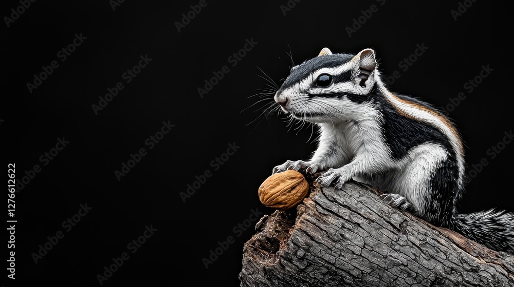 Fototapeta premium Cute Chipmunk Sitting on Log with Nut against Dark Background