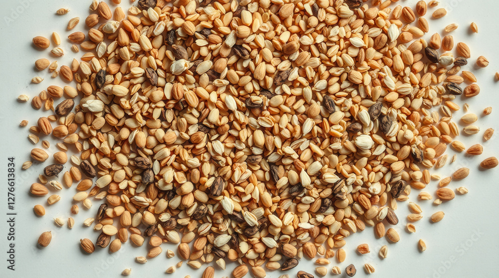 A pile of different colored nuts and seeds on a white surface A pile of different colored nuts and seeds on a white surface