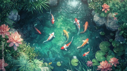 Koi fish swim in a serene, green pond surrounded by lush vegetation, pink water lilies, and rocks. Overhead aerial view.