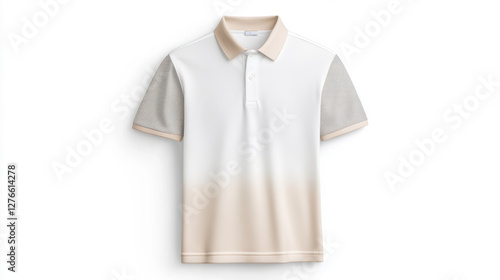 Wallpaper Mural Polo Shirt Mockup On Solid Color Background. men golf polo shirt with combination of White, light Beige, front view mockup. showcase the fabric's texture and the quality of the print. Torontodigital.ca